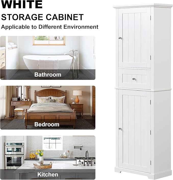 Tall Storage Cabinet, Bathroom Floor Freestanding Storage Cabinet with 2 Doors, One Drawer, and Adjustable Shelf for Bathroom, Office, Living Room, White