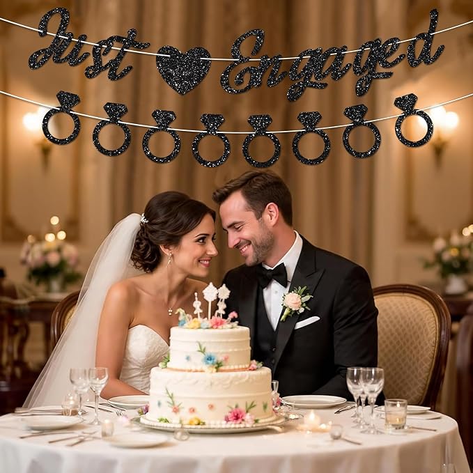 Just Engaged Banner, No DIY, Glitter Black Engagement Party Decorations and Diamond Ring Banner Sign for Bridal Shower Wedding Shower Bachelorette Party Decorations.