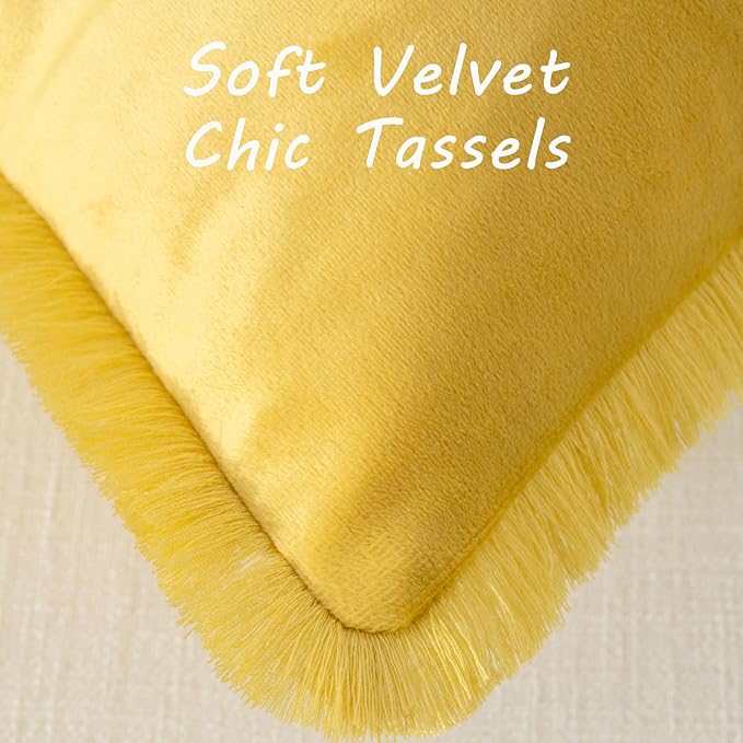 FUTEI Lemon Yellow Velvet Decorative Throw Pillow Covers 20x20 Set of 2,Soft Cozy Edge with Tassels Cushion Case,Boho Modern Home Decor for Couch Bed Living Room