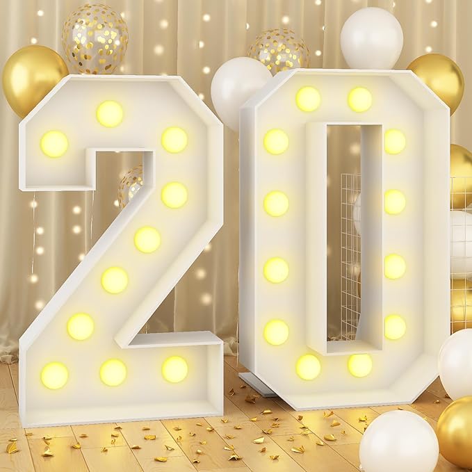 Light Up Number 20 White Marquee 4ft Numbers with Lights Large Mosaic Frame with Slots for 20th Birthday Party Decorations Anniversary Pre-Cut Cardboard Thick Foam Board Sign New Year Graduations