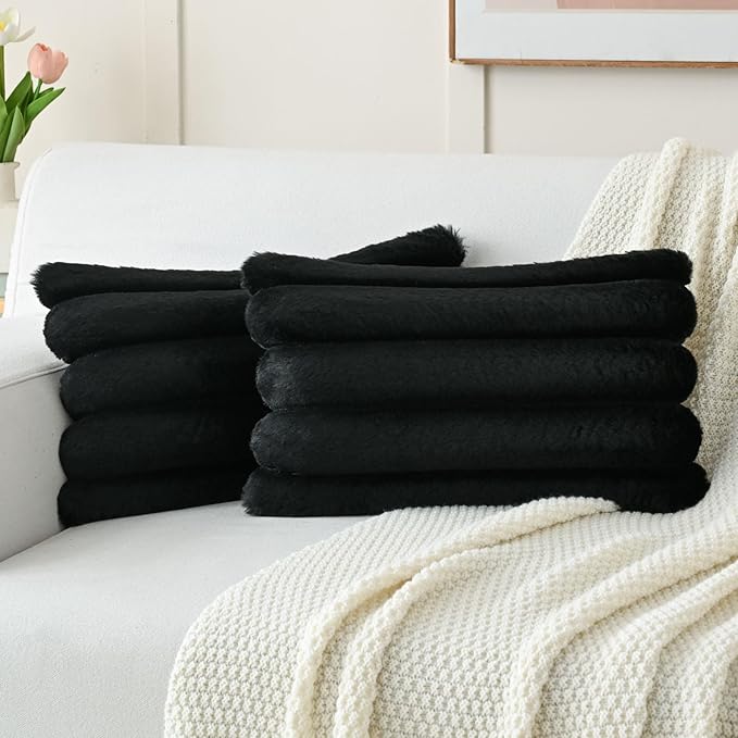FUTEI Black Decorative Throw Pillow Covers 12x20 Inch Set of 2, Square Soft Faux Rabbit Fur Thick Striped Lumbar Pillow Case,Winter Home Decor for Couch Bed Living Room