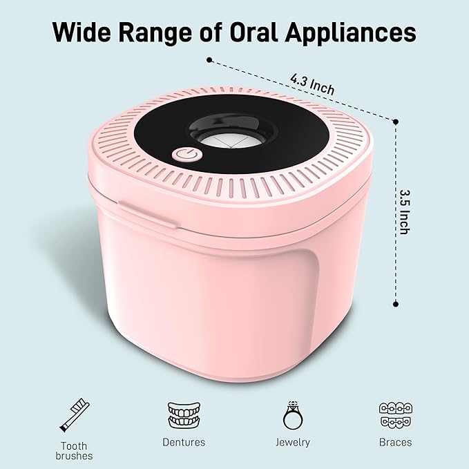 Ultrasonic Retainer Cleaner, Dental Cleaning Pod with U-V Lights, 45kHz Retainer Cleaner Machine for Dentures, Toothbrush Heads, Jewelry, Aligner, Night Mouth Guards (Pink)