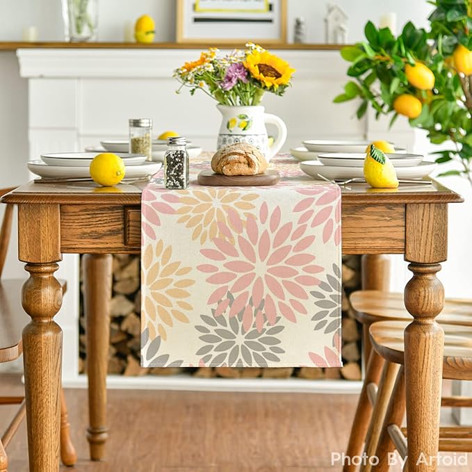 Artoid Mode Pink Dahlia Floral Pinnata Summer Table Runner, Spring Kitchen Dining Table Decoration for Home Party Decor 13x36 Inch