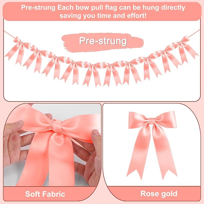 Rose Gold Bow Garland Bow Banner Bow Party Decorations Pre-Strung Large Coquette Satin Ribbon for Birthday Bachelorette Party Bridal Shower Wedding Engagement Baby Shower