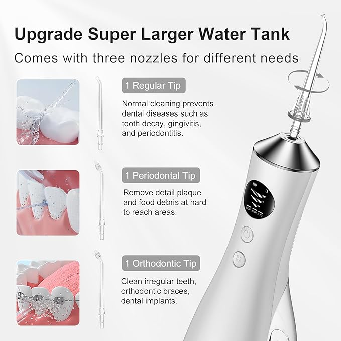 Water Dental Flosser for Teeth, Portable Cordless Water Flosser with 300ML Rechargeable with Type-C, IPX7 Waterproof Water Flossers for Adults with 3 Intensity Modes and 3 Flossing Tips