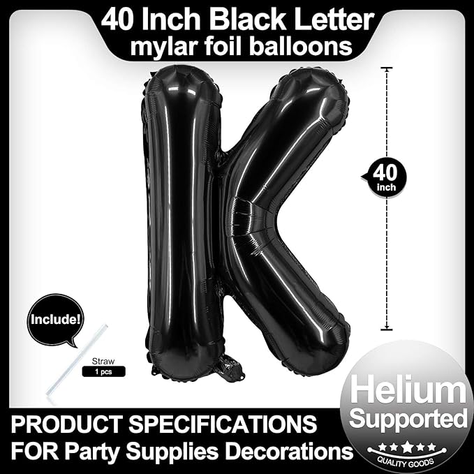 40 Inch Black Letter K Balloons, DIY Phrase Foil Alphabet Letter K Balloons DIY Word K Banner for Birthday Anniversary Celebration Graduation Party Supplies Decoration