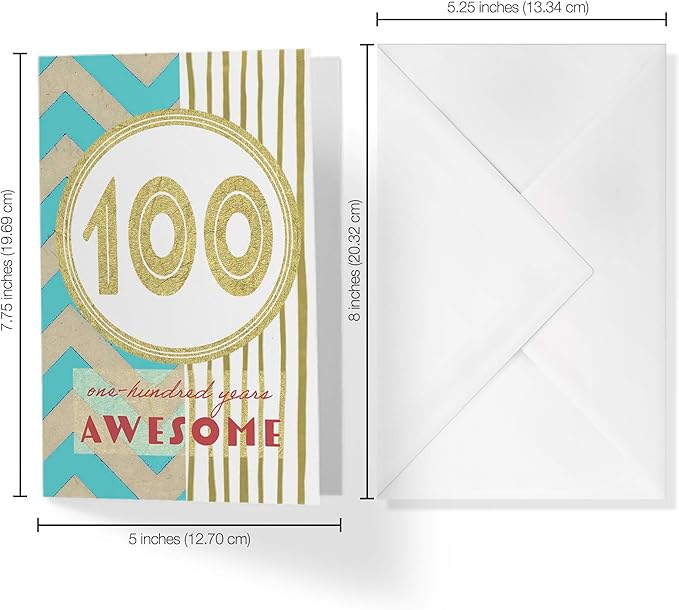 100th Birthday Card with Envelope - Gold Stripes Turquoise Chevron one-hundred years of awesome heartfelt message | 5”x7.5” | (Single Card)