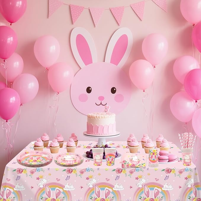 KEFAN Bunny Birthday Party Decorations, Rabbit Theme Party Tableware Supplies including Plates, Cups, Napkins, Tablecloth (20)