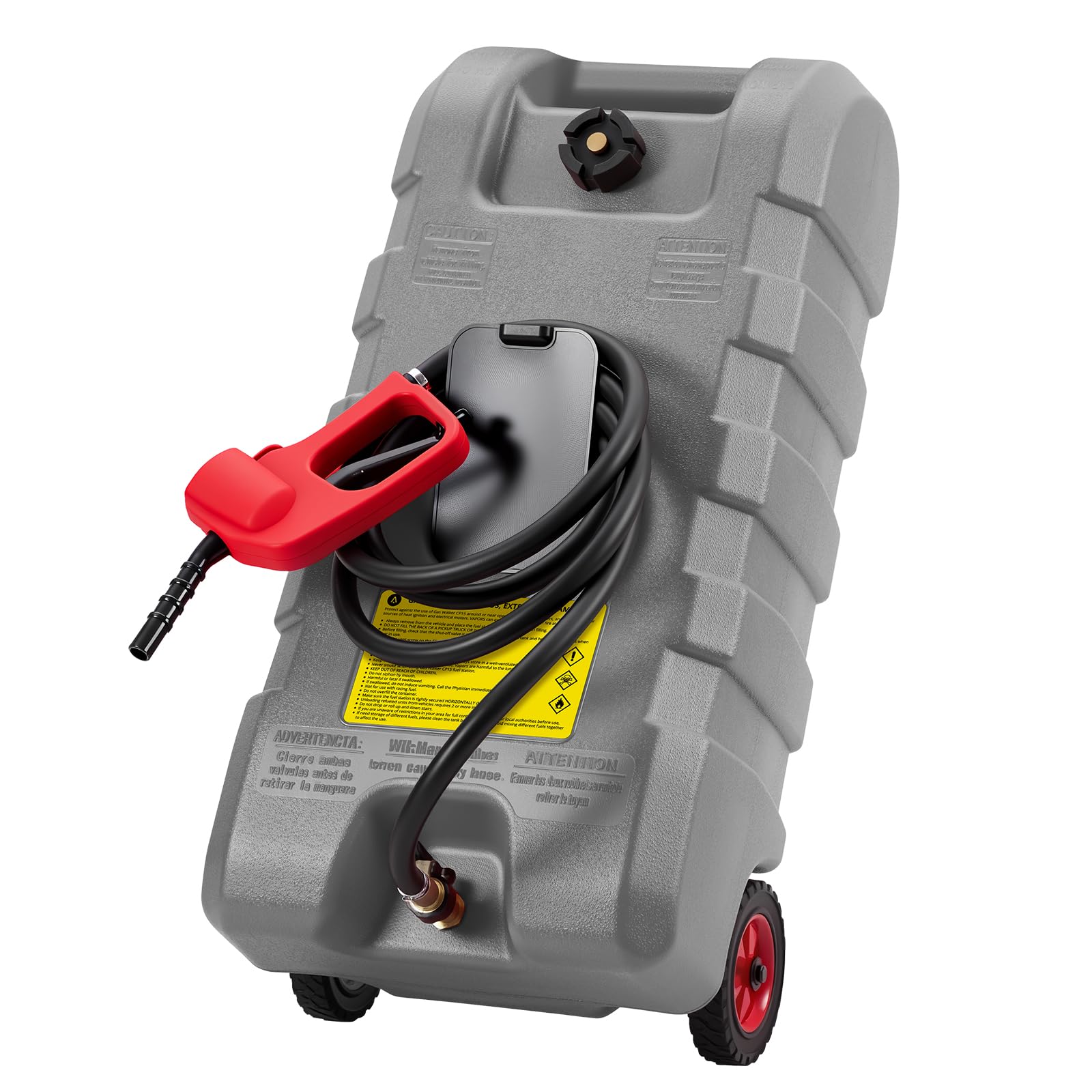 15 Gallon Portable Fuel Gas Can with Wheels, Manual Transfer Nozzle & Extra Long Hose, 2 Gallon/Min Siphon Fuel Storage Tank for
