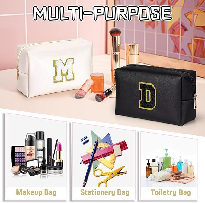 TOPEAST Initial Makeup Bag, Personalized Initial Bags with Zipper, Cute Makeup Pouch, PU Leather Waterproof Cosmetic Bag, Birthday Gift for Women, Preppy Things for Girls (Black A)