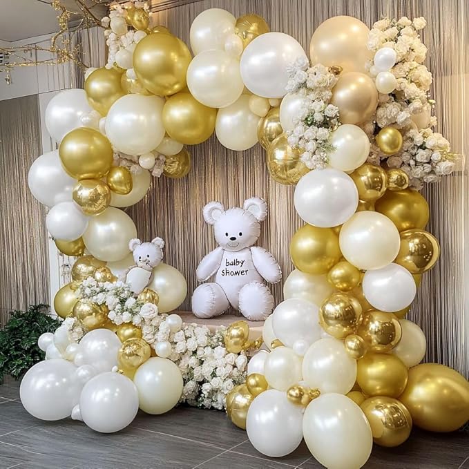 White and Gold Balloon Garland - Double Stuffed Pearl Sand White Gold Balloons Arch Kit 5 12 18 inch for Birthday Graduation Bar Mitzvah Bachelorette Wedding Baby Shower Party Decoration