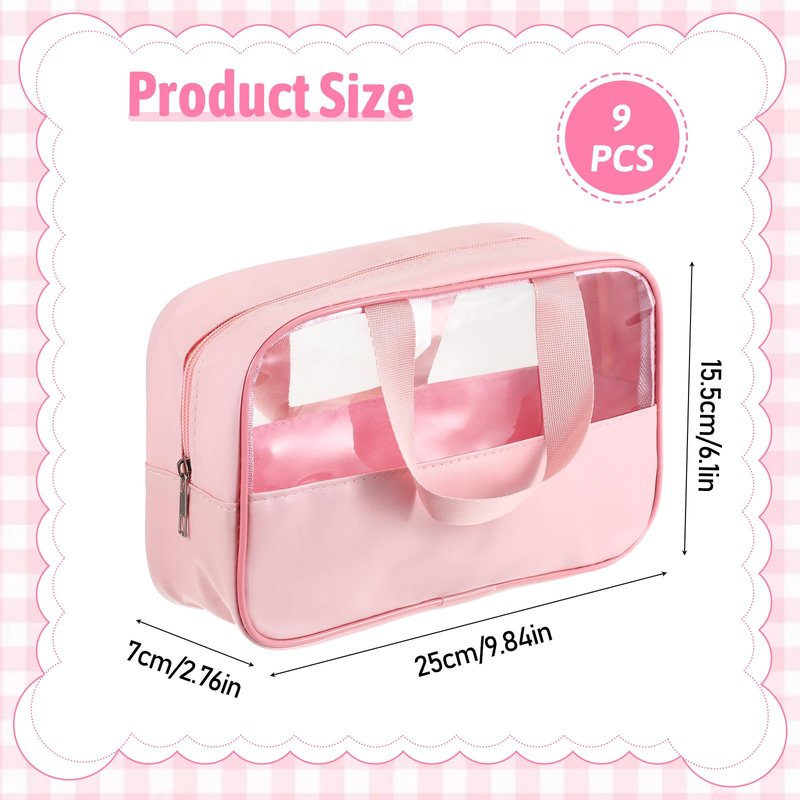 9 Pcs Translucent Make up Bag Pink Big Travel Cosmetic Makeup Toiletry Bag with Handle and Zipper Waterproof Portable Cosmetic Travels Bags for Travel Toiletries Accessories, 10.2 x 6.3 x 2.8 Inches