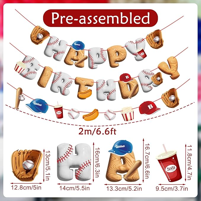Pre-Strung Baseball Birthday Decorations, Baseball Happy Birthday Banners, Pre-Assembled Sports Banners Decorations