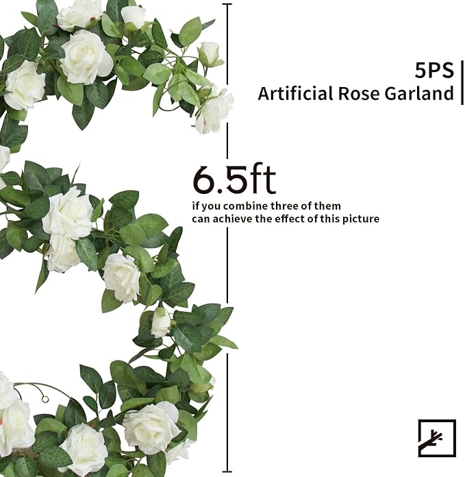 ZIFTY 5Pcs 32.5FT Artificial Rose Vine Fake Flower Garland White Fake Silk Floral Hanging for Wedding Arch, Garden Tea Party Backdrop Room Decor and Home Decoration Outdoor Wall Decor