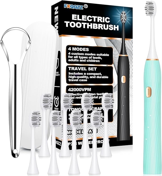 FXQQZZ Electric Toothbrush for Adults and Kids, with Tongue Scraper and Travel Case, 8 Brush Head, Smart Timer & 4 Modes Rechargeable Toothbrush, 42000 VPM Deep Clean, One Charge Last 90 Days -Blue