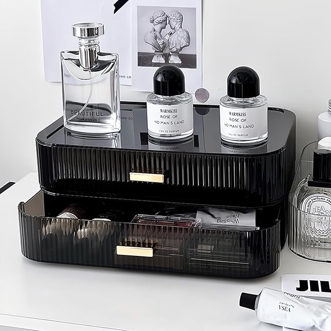 2 Pack Stackable Makeup Organizer with Drawers, Bathroom Storage for Eyeshadow Palettes, Cosmetics, and Beauty Supplies. Ideal for Vanity Counter, Cabinet, Entryway Table, Desk