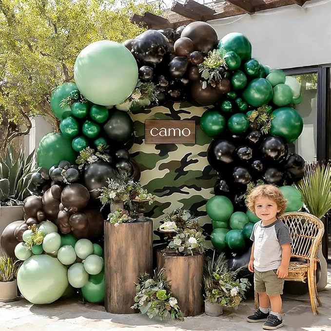 Green Black Brown Balloons Double Stuffed Pearl Dark Emerald Green Brown Balloon Arch Kit Sage Balloon Garland for Camo Birthday Baby Shower Camping Safari Jungle Army Party Decorations