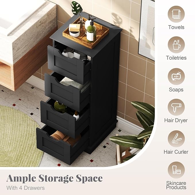 Giantex Bathroom Storage Cabinet with 4 Drawers, 32" Freestanding Storage Organizer Unit with Cutout Handles, Anti-Tipping Device, Narrow Floor Cabinet for Hallway, Living Room, Entryway (Black)