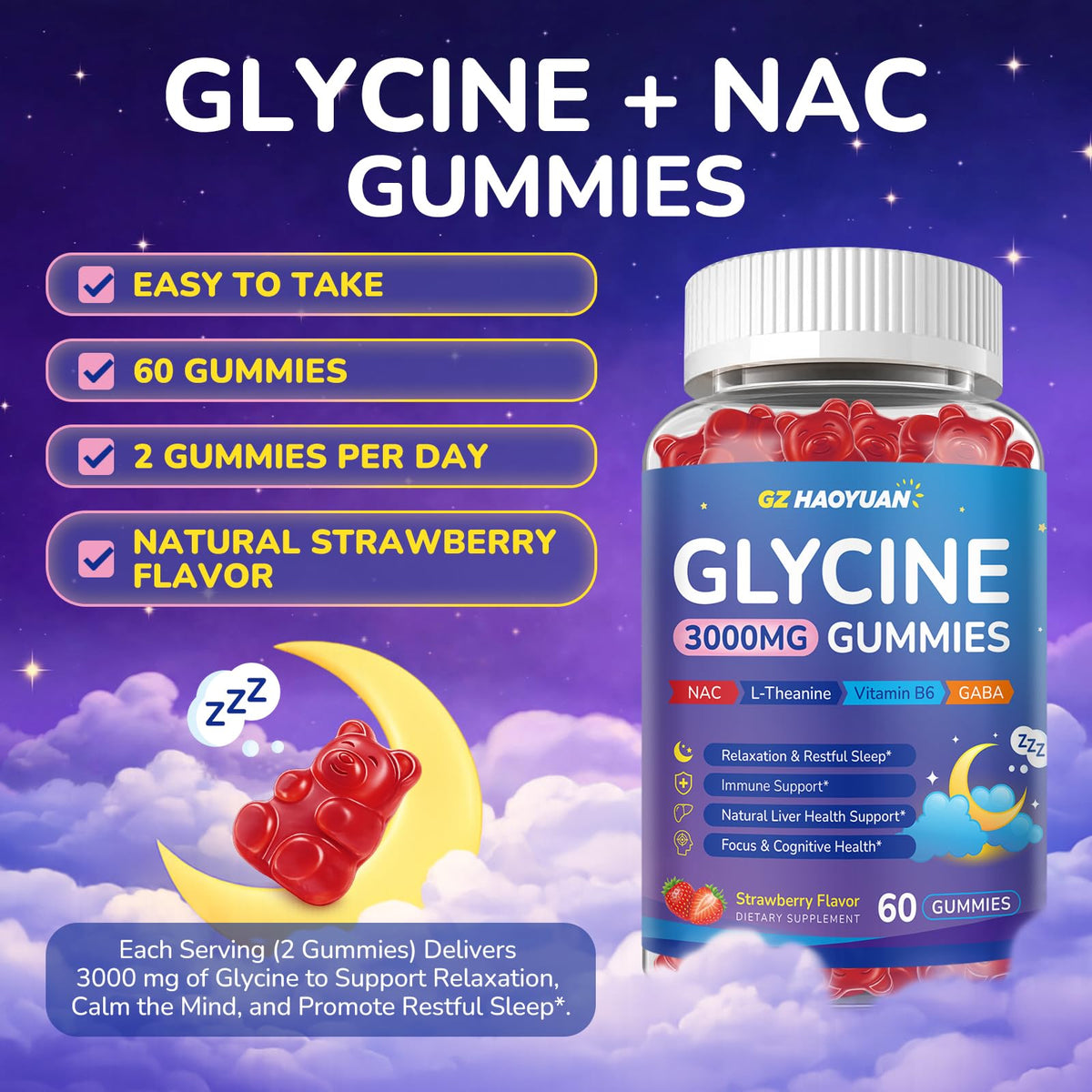 GZ HAOYUAN Glycine Gummies, Glycine 3g Supplements with NAC, L-Theanine, GABA, for Sleep, Relax, Nerve & Brain Support, Sugar Free, Vegan, Strawberr Flavor, 60 Cts