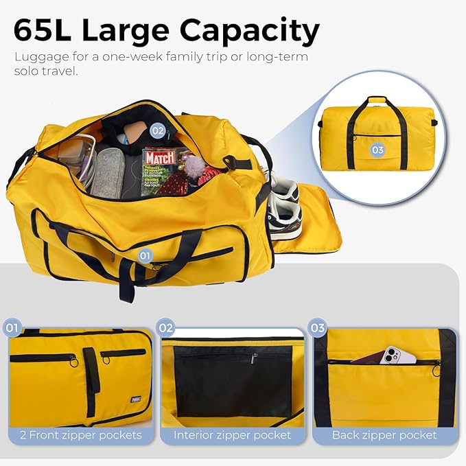 Fmeida 65L Duffle Bag with Shoes Compartment, Foldable Travel Duffel Bags for Men Women, Large Packable Travel Bag Water Repellent & Tear Resistant (Yellow)