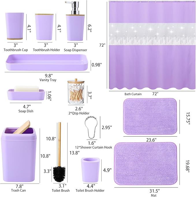24PCS Bathroom Sets with Shower Curtain and Rugs,Bathroom Sets with Extra Soft and Absorbent Bath Rugs Purple Shower Curtain Set