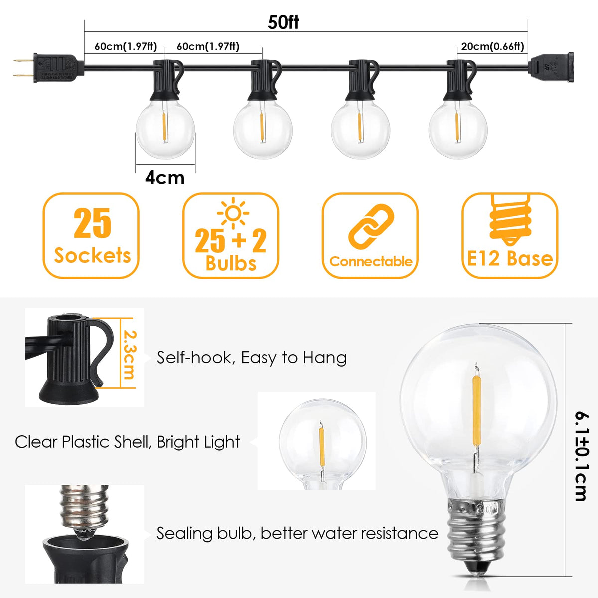 Mlambert 50Ft LED Outdoor String Lights G40 Globe Dimmable Patio Light, Waterproof Hanging String Light with 27 Warm White Shatterproof Bulbs(2 Spare)