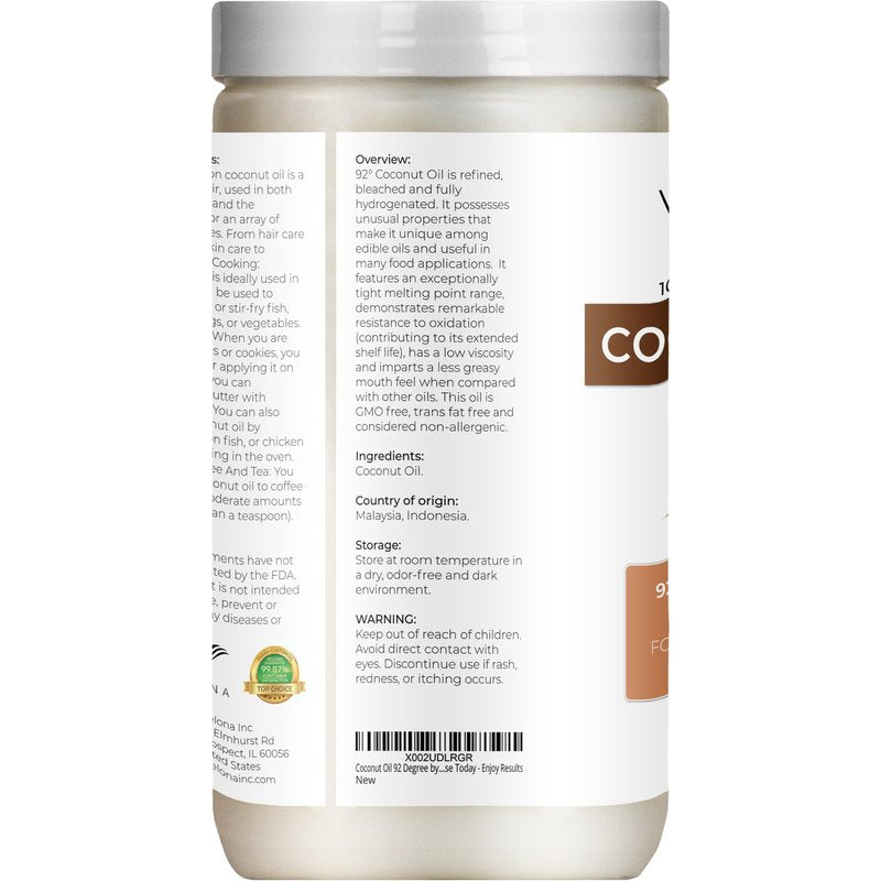 velona Coconut Oil 92 Degree 32 fl oz | 100% Pure and Natural Carrier Oil | in jar | Refined, Cold pressed | Skin, Face, Body, Hair Care | Use Today - Enjoy Results