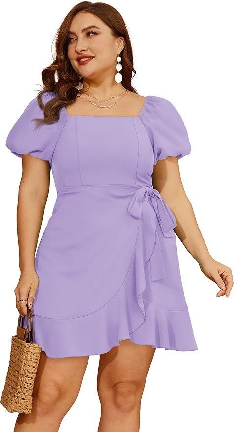 Sampeel Womens Summer Dresses Square Neck Puff Sleeve Tie Waist Short Dress