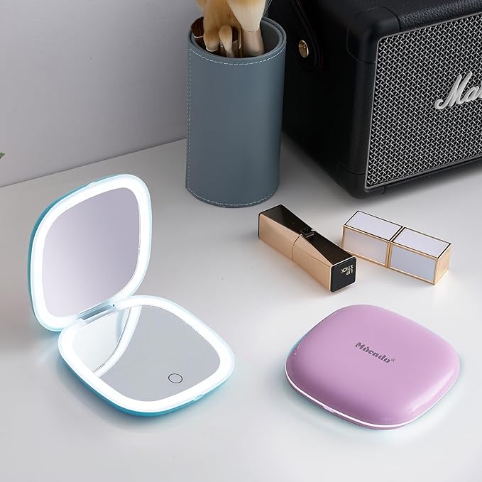 Mocado Compact LED Travel Makeup Mirror - 4 Inches 1X/10X Magnification Travel Mirror with Light Dimmable Double Sides Lighted USB Rechargeable Compact Mirror for Purse,Pocket,Travel(Purple)