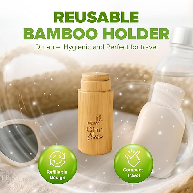 Ohm Earth’s Ohm Floss – Natural Silk Dental Floss with Refillable Bamboo Holder, Naturally Waxed with Candelilla 100% Compostable, 55 yds/50m Spool – Eco-Oral Care, Natural Mint