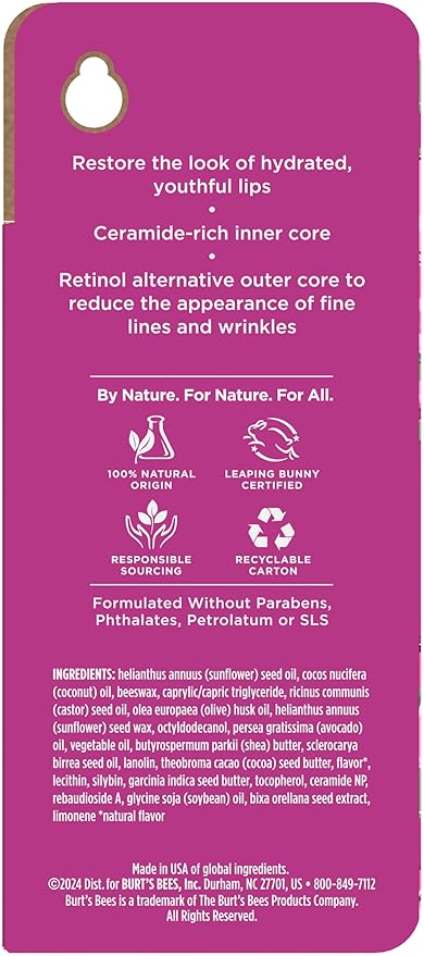 Burt’s Bees Renewing Lip Treatment, With Naturally Derived Retinol Alternative and Ceramides, Lip Treatment With Responsibly Sourced Beeswax, Tint-Free, Anti-Aging, 0.16 oz.