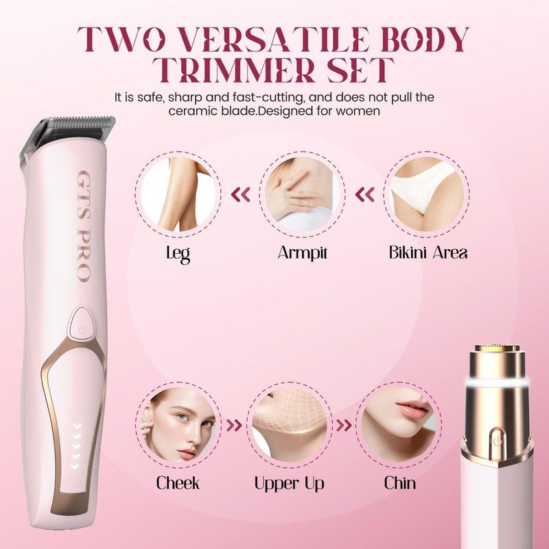 Bikini Trimmer for Women Electric Razor 2 Pack Dual Head Body & Facial Hair Remover -Waterproof USB Rechargeable with Replacement Ceramic Blades, Travel Pouch & Packaging Box(Pink)