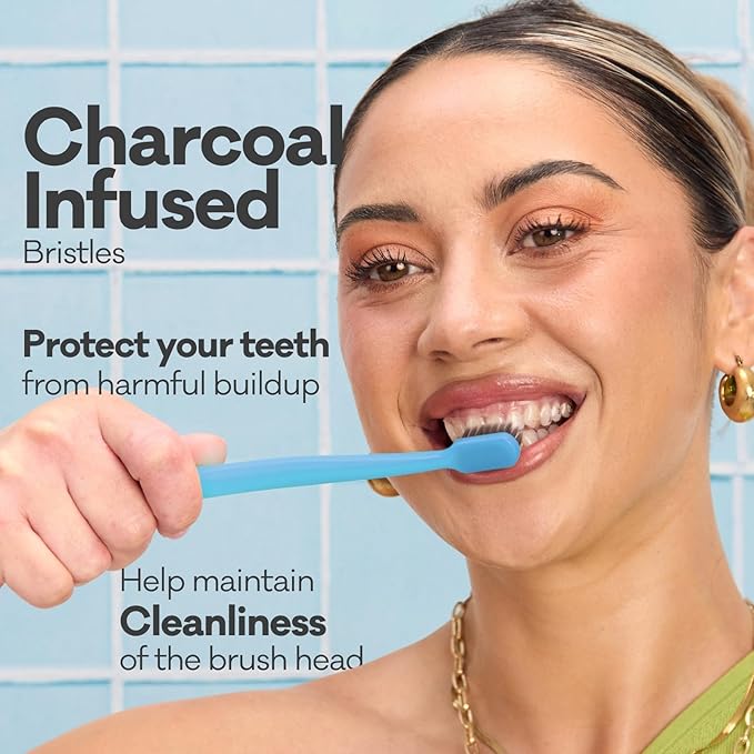 Grin Charcoal-Infused 100% Recycled Toothbrush, Medium, 4 Count, Purple, Suitable for Sensitive Teeth and Gums