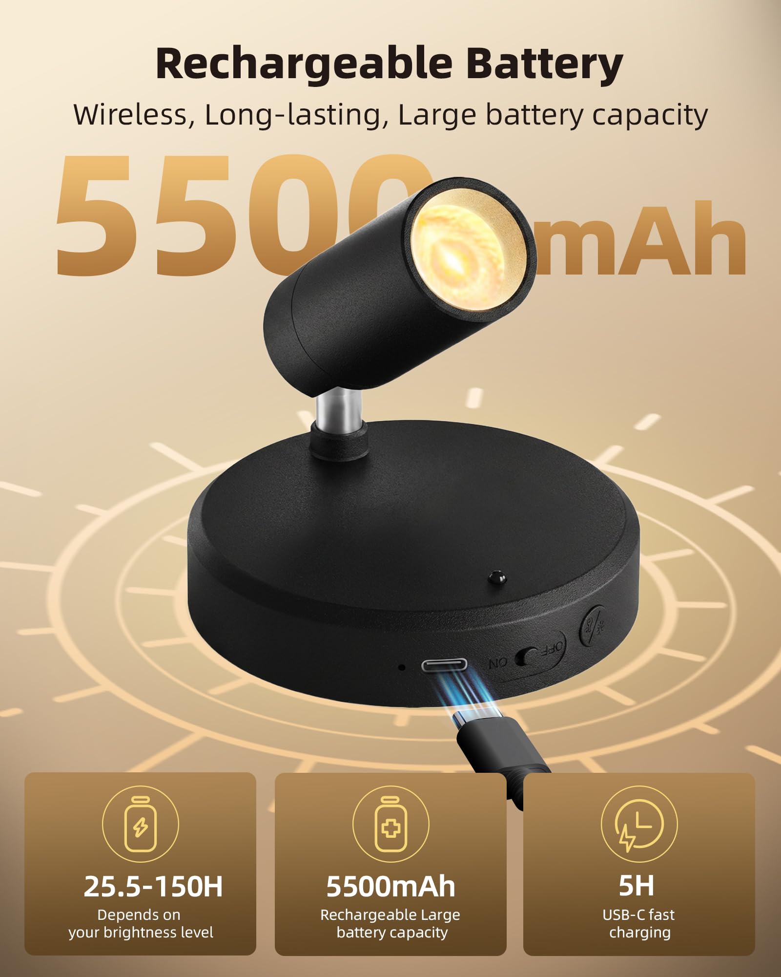 EZVALO Wireless LED Spotlights Indoor, 5500mAh Rechargeable Battery-Powered Plant Spotlights, Dimmable & Timer, 3-CCT Small Up Lights with Remote, Accent Uplighting for Artwork, Trees (Black)