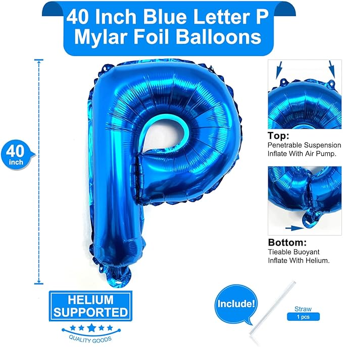 Lovoir 40 Inch Large Blue Letter P Balloons Big Size Jumbo Mylar Foil Helium Balloon for Birthday Party Celebration Decorations Alphabet Blue P