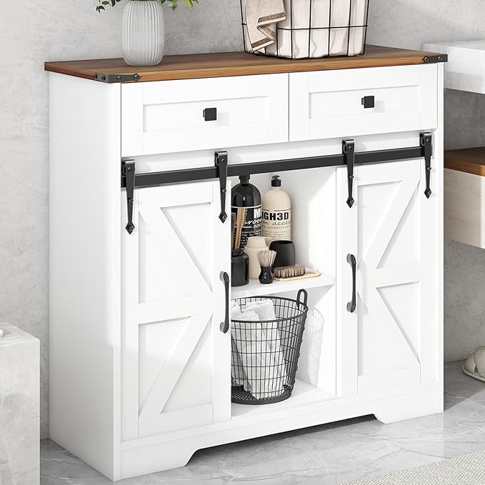 Vabches Bathroom Floor Cabinet, Farmhouse Storage Cabinet with Sliding Barn Door and Storage Drawers, White Buffet Cabinet with Adjustable Shelves for Bathroom, Kitchen, Entrance Area, Living Room