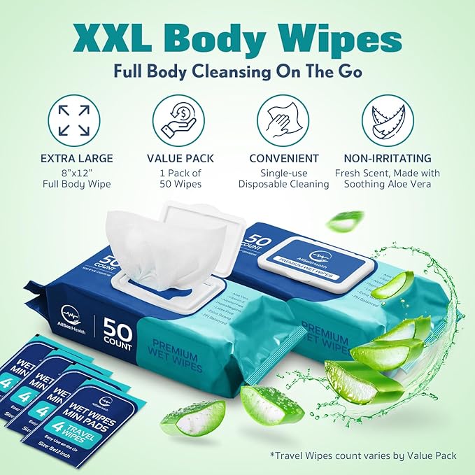 Body Wipes for Adults Bathing No Rinse - Adult Wipes for Elderly 8" x 12" (200 count) Shower No Rinse, Incontinence Disposable Washcloths, Aloe Vera, Vitamin E + 4 individual Packs