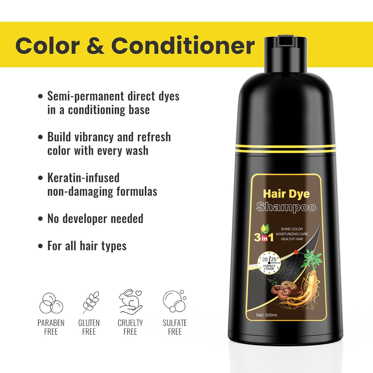 KINGMING Dark Brown Hair Dye Shampoo 3 in 1 for Gray Hair