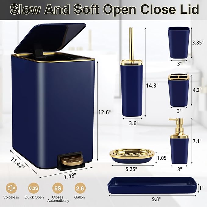 Navy Blue Bathroom Accessories Set 8 Piece Navy Blue and Gold Bathroom Set, Bathroom Sets with Stainless Steel Trash Can,Toilet Brush,Toothbrush Set,Soap Dispenser