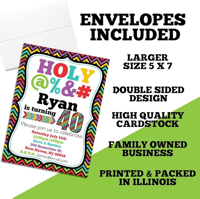 Custom Birthday Invitations 40th Birthday Invitation 50 5x7 Custom 40 Party Invitation Cards With Envelopes - Unique 40th Party Invitations Hilarious Holy &*$% Theme