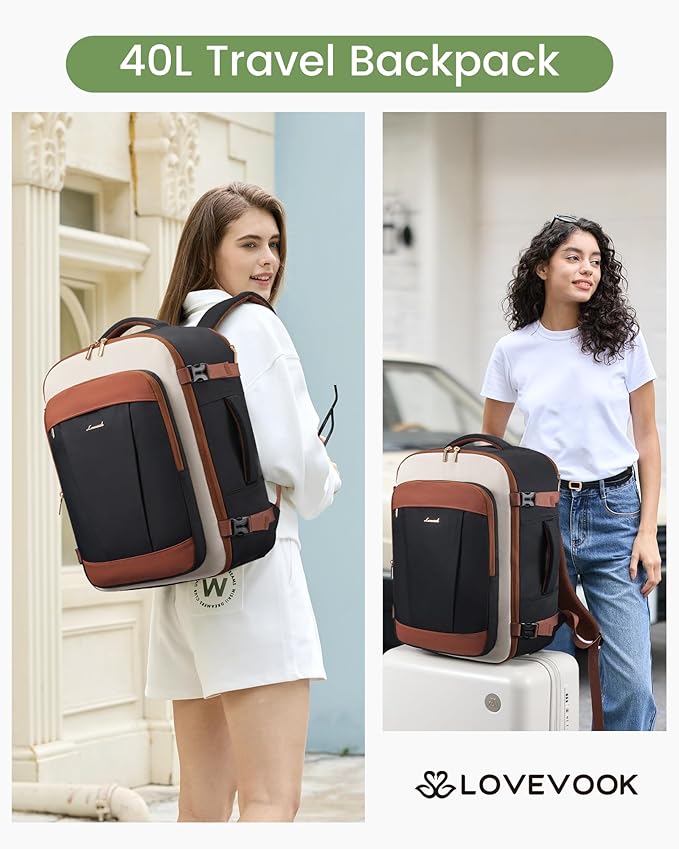 LOVEVOOK 40L Travel Backpack for Women & Men, Airline Approved Carry On Backpack, TSA Personal Item Bag fits 17.3 Inch Laptop, Waterproof Weekender Overnight Bags Suitcase for Work, Black-Brown-Beige