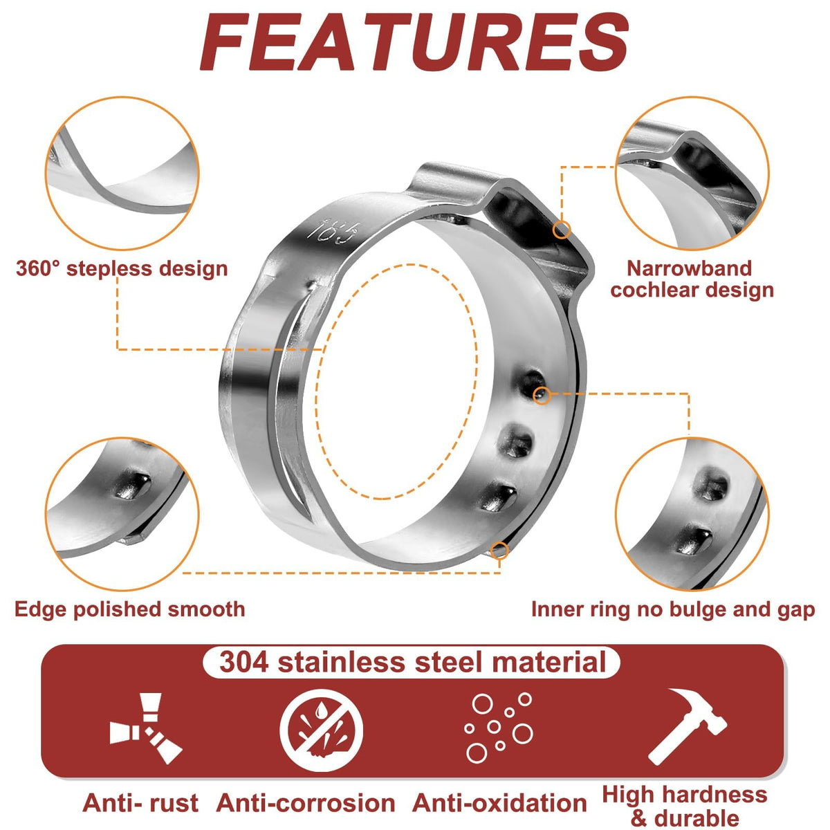 Hydencamm 250PCS 14 Sizes Single Ear Hose Clamp, 5.3-33.1mm 304 Stainless Steel Ear Clamp Kit with Ear Clamp Pincer, Stepless Hose Clamps Cinch Rings for Automotive, Home Appliance Line and Plumbing