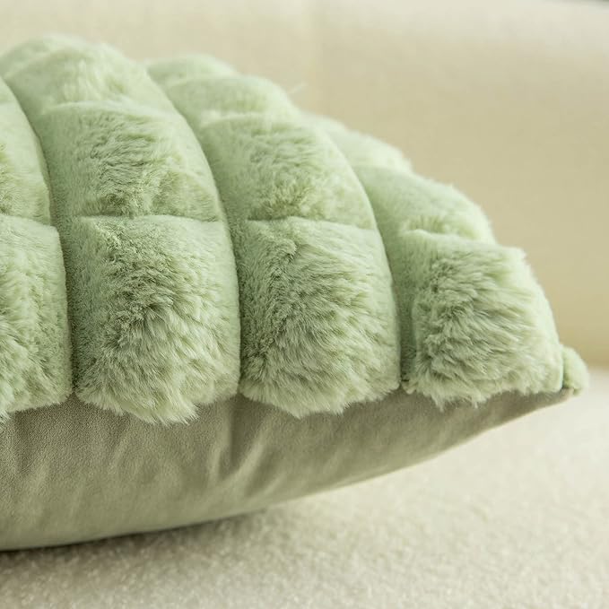 Neelvin Green Faux Fur Cozy Soft Plaid Decorative Throw Pillow Covers 16x16 inch Set of 2,Velvet Pillowcase Cushion Case for Sofa Couch