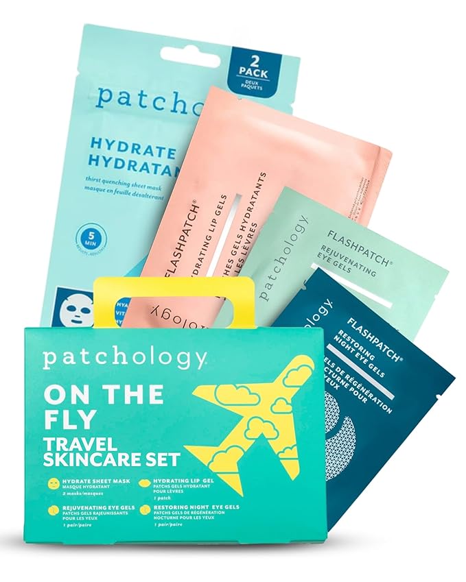 Patchology On The Fly Travel Facial Kit – Travel-Friendly Hydrating Skincare Essentials for Face, Eyes and Lips – Includes 2 Pair Under Eye Patches, 2 Hydrate Sheet Mask for Refreshed Skin,1 Lip Mask