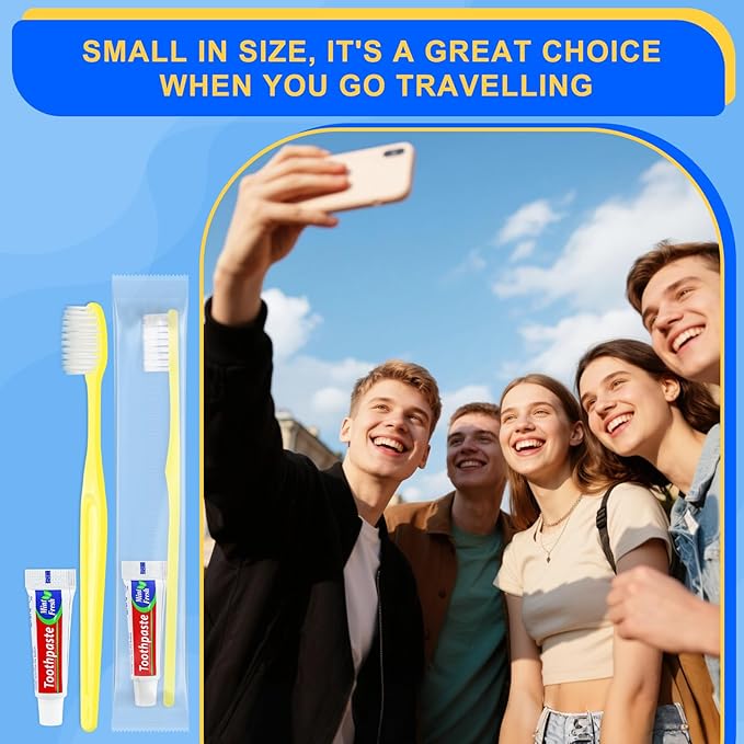 Yellow Disposable Toothbrushes with Toothpaste - Pack of 200,Individually Wrapped Single Use Travel Toothbrushes Kit Bulk for Homeless,Guests,Hotel,Dentist