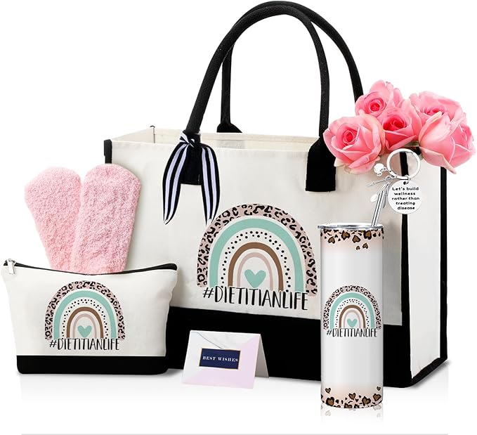 Geiserailie 8 Pcs Dietitian Gifts for Women Including Large Tote Bag Cosmetic Bags Tumbler Cup Plush Socks Metal Keychain Card and Envelope for Christmas Dietitian Nutritionist Thank You Gifts