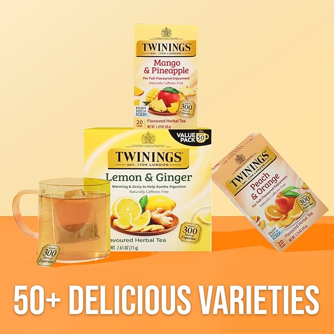 Twinings Mango & Pineapple Herbal Tea Individually Wrapped Bags, 20 Count (Pack of 1), Naturally Caffeine-Free, Enjoy Hot or Iced, 20 Teabags