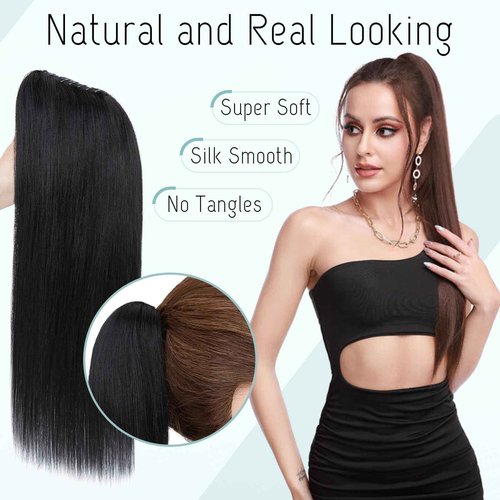 S-noilite Claw Clip Ponytail Extension Human Hair #1 Jet Black Real Remy Human Hair Ponytail Extension 16inch Long Straight Hair Pony Tails Hair Extensions For Women 105Grams