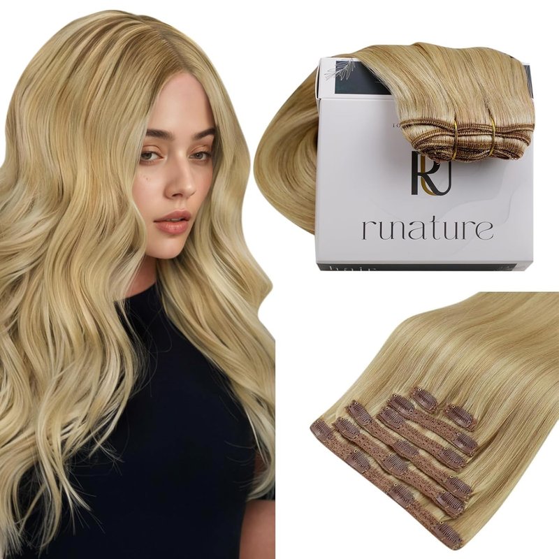 RUNATURE Blonde Clip in Hair Extensions Real Human Hair, Short Hair Extensions Clip Ins, Remy Human Hair Clip in Extensions, Natural Looking, 10 Inch 80g 7pcs #16P24 Golden Blonde Highlight