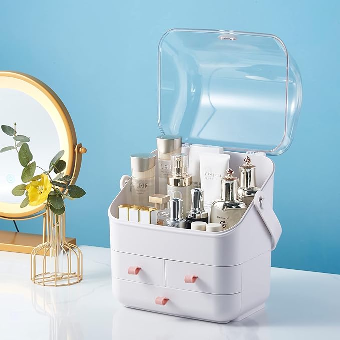 Large Makeup Organizer w Drawers Beauty Organizer Makeup Box Holder Vanity Organization Desk Countertop MakeUp Organizers Bathroom Counter Organizer Skincare Cosmetic Case Stand Dustproof Lid Gift